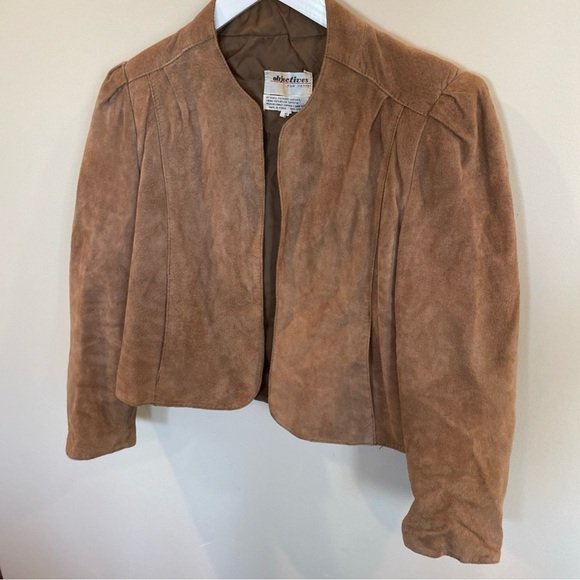 Vintage Objectives For Petites Pig Suede Leather Open Cropped Jacket Brown Small - Picture 2 of 4